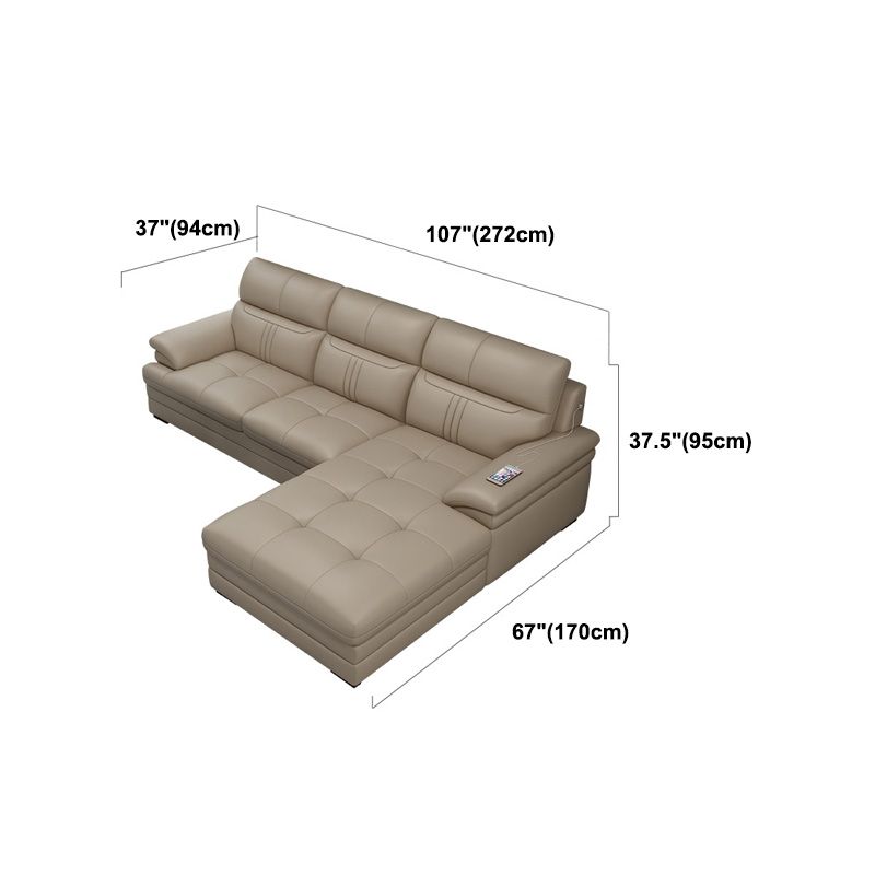 Contemporary Stationary Cream Genuine Leather Recessed Arm Sofa
