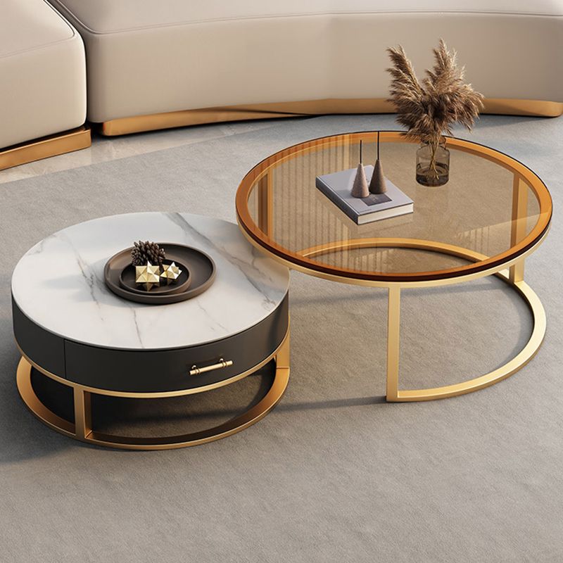 Glass Top Coffee Table Set Frame Cocktail Table with Storage Drawers