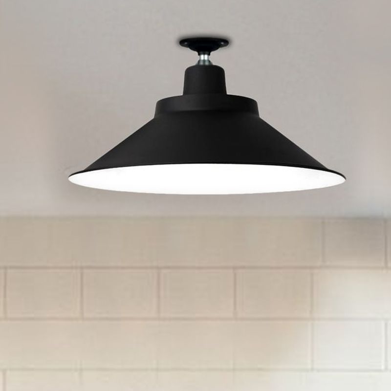 12"/16"/19.5" Wide Cone Metal Ceiling Lighting Industrial Style 1 Head Balcony Semi Flush Mount Lighting in Black