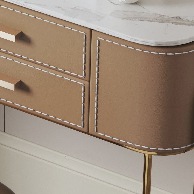 Mirrored Makeup Dressing Table Luxurious Stone Top Stool Set in Brown