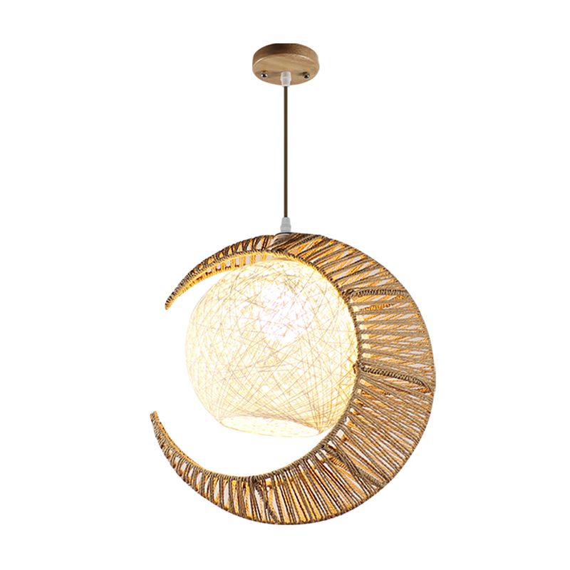 Flaxen Moon and Ball Hanging Lighting Asia 1 Bulb Rattan Ceiling Pendant Lamp for Balcony