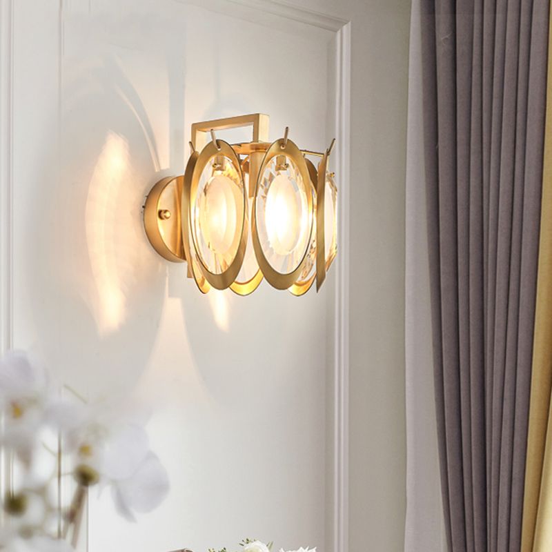 Modern Oval Shaped Wall Lighting Metallic 1 Light Living Room Golden Wall Light Fixture with Clear Crystal Deco