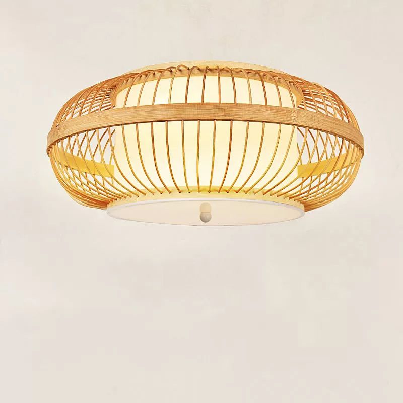 Curved Drum Flush Light Fixtures Rattan Japanese Flush Mount Ceiling Light Fixture