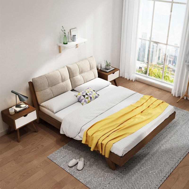 84.65 inch Wide Mid-century Bed Frame Solid Wood Bed with Upholstered Headboard