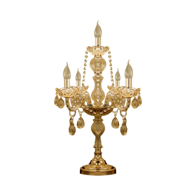 5/6 têtes Candelabra Table Light Traditional Gold Crystal Droplets Tablette de nuit avec / Sans nuance de tissu de cloche blanche