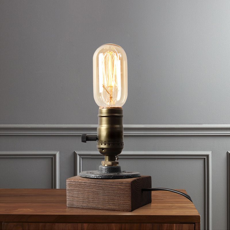 1-Light Distressed Brass Table Lamp Industrial Shadeless Metal Night Lamp with Wooden Base