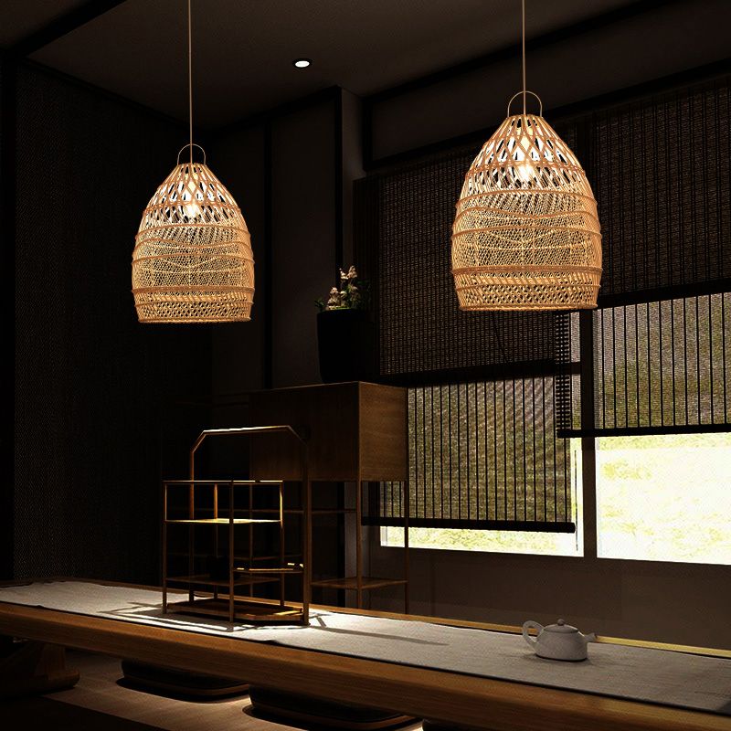 Asian Style Elongated Suspension Lighting Rattan 1 Head Restaurant Pendant Ceiling Light in Wood