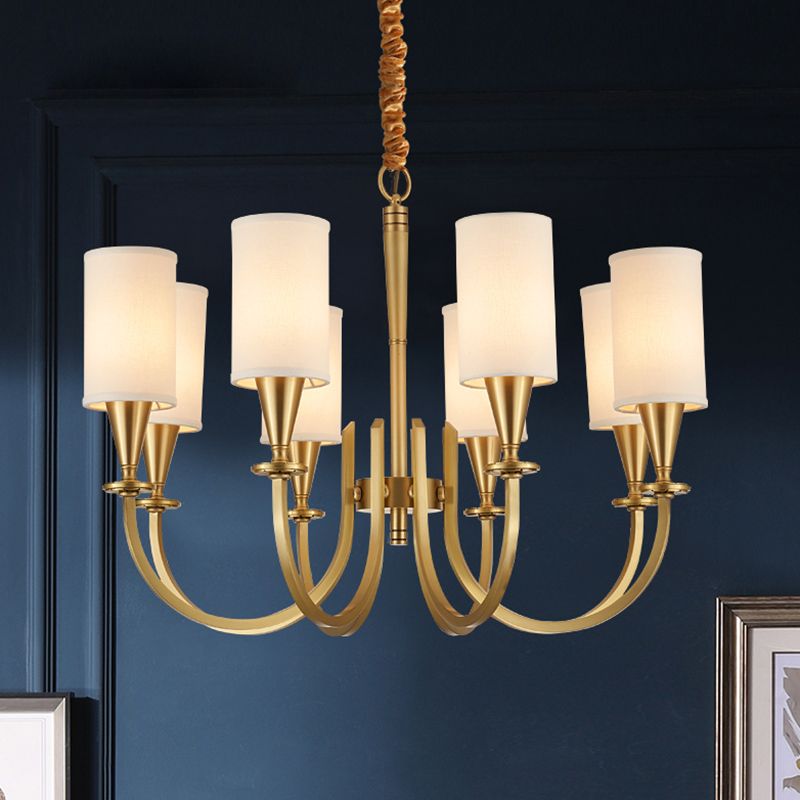 American Rustic Style Copper Chandelier Multi-lights Cylindrical Fabric Shade Hanging Light in Gold
