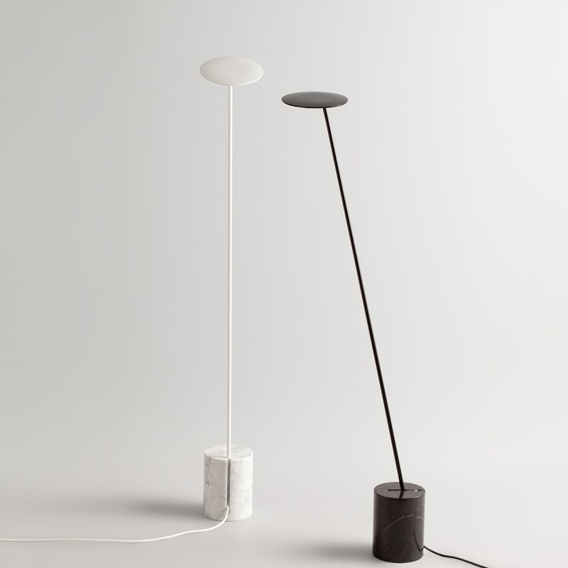 Black/White Circle Floor Lamp Minimalist Metal LED Standing Light with Stick Pole and Marble Base