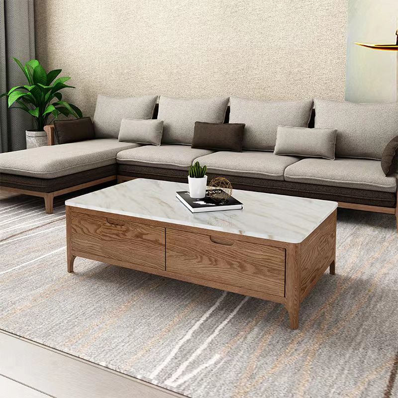 Solid Wood 4 Legs Coffee Table with Storage Drawers Marble Top