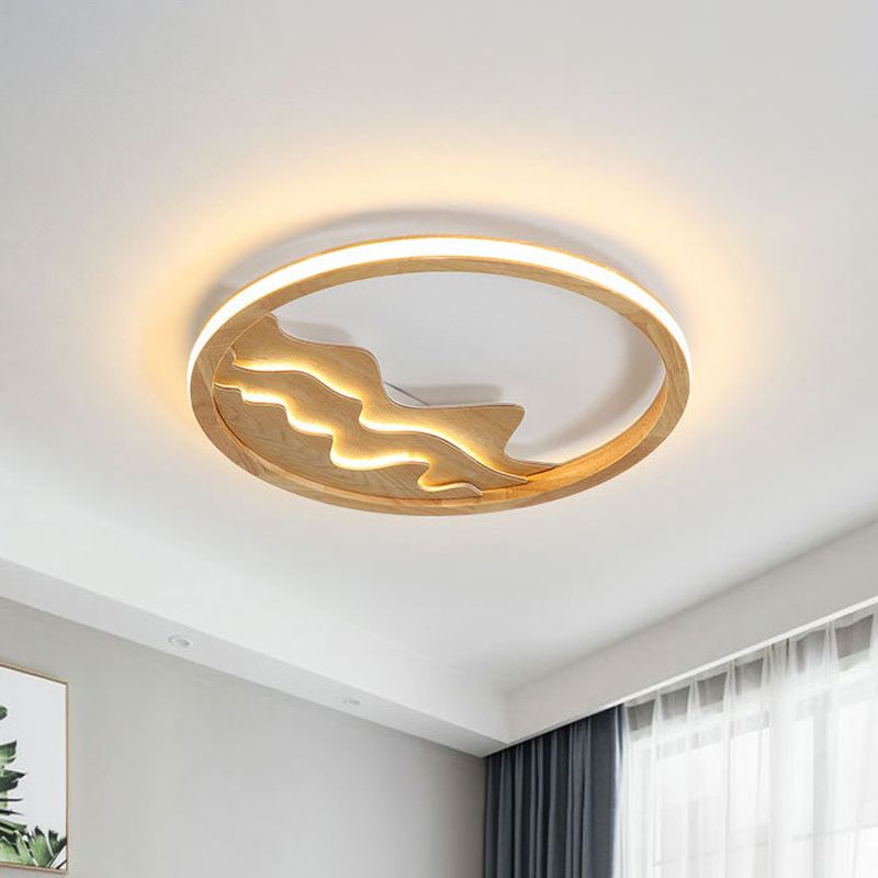 13"/17" W Circle Ceiling Light Fixture Simple Wood LED Beige Flush Mount Lamp with Landscape Design
