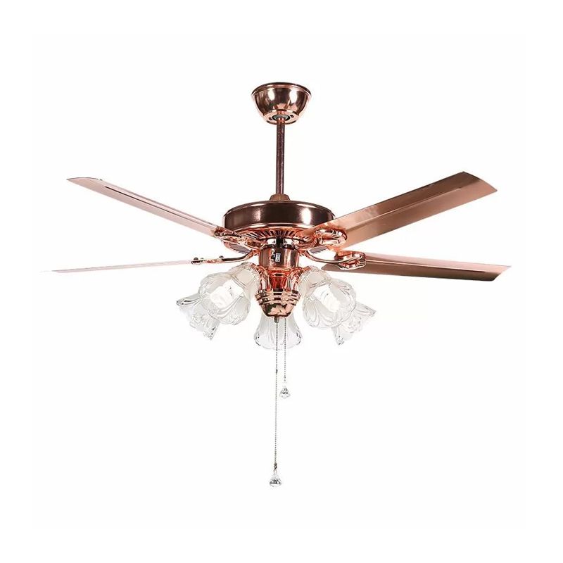 52" Wide Gold 5 Lights Hanging Fan Light Countryside Frosted Glass Bell Shade Semi-Flush Mount, 5 Blades