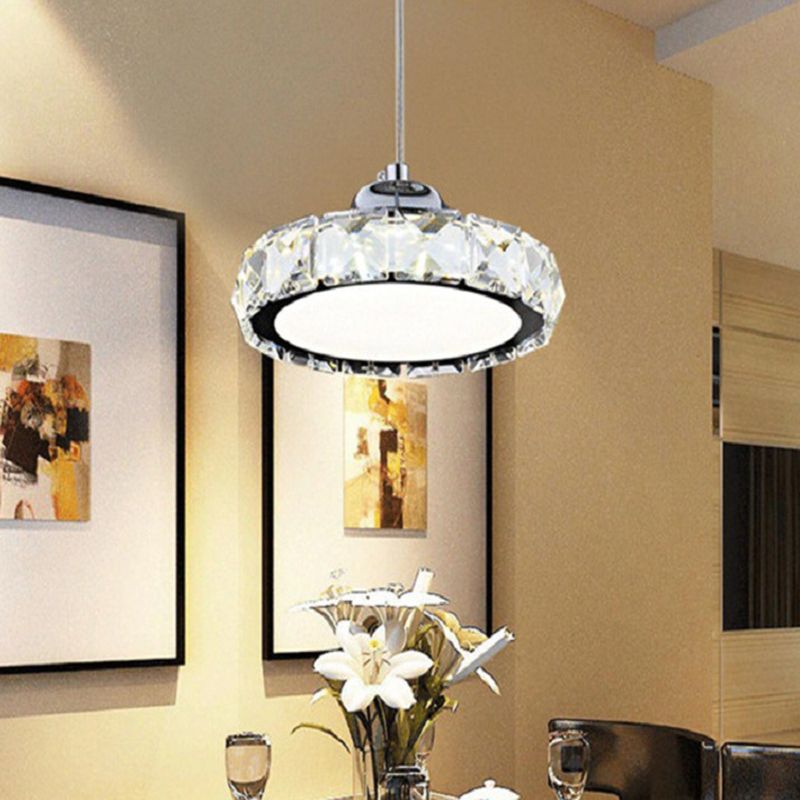 Crystal Disc Suspension Pendant Contemporary Style LED Suspended Lighting Fixture in Silver