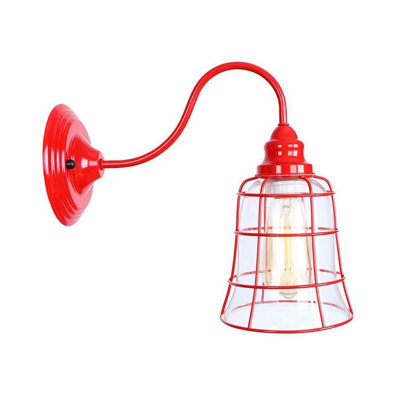 Red Gooseneck Wall Mounted Lamp Retro Metal 1 Bulb Bedside Wall Light Fixture with Ruffle/Cone Shade/Cage