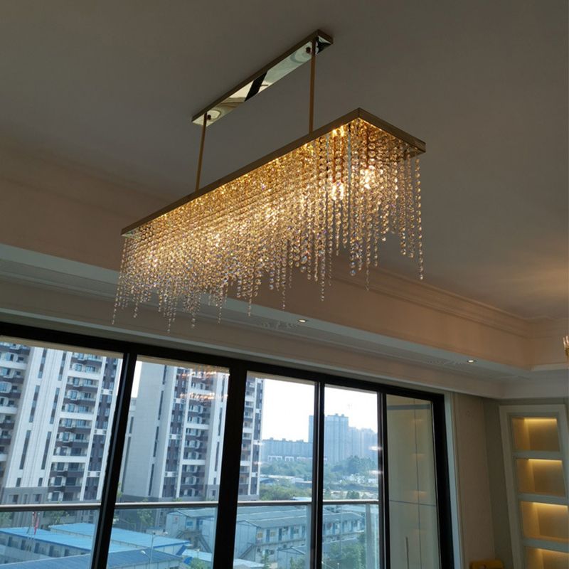 Rectangle Crystal Tassel Island Light Contemporary Style Lighting Fixture in Gold for Dining Room