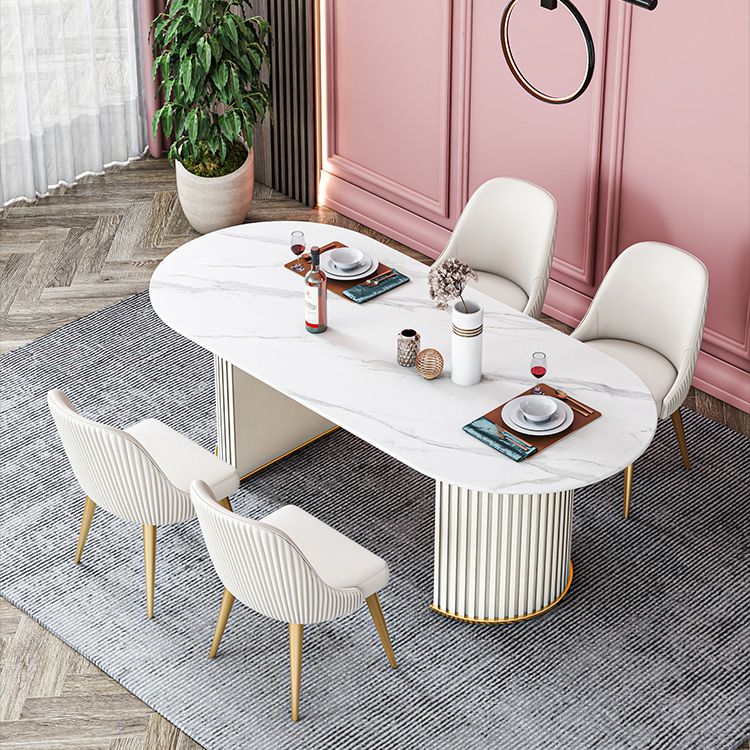 Glam Sintered Stone Top Kitchen Dining Table Oval Standard Dining Table with Double Pedestal Bases