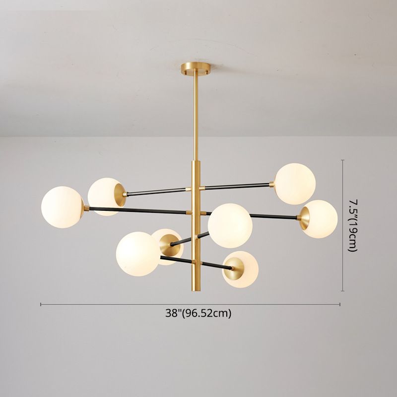 Post-Modern Hanging Chandelier Light Satin Opal Glass Ceiling Chandelier in Gold for Living Room