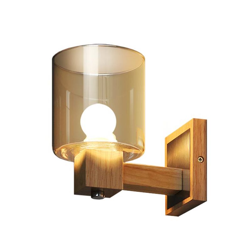 Cognac Glass Cylinder Luz de la pared estilo Nordic Style 1 Light Mini Splock Light in Wood