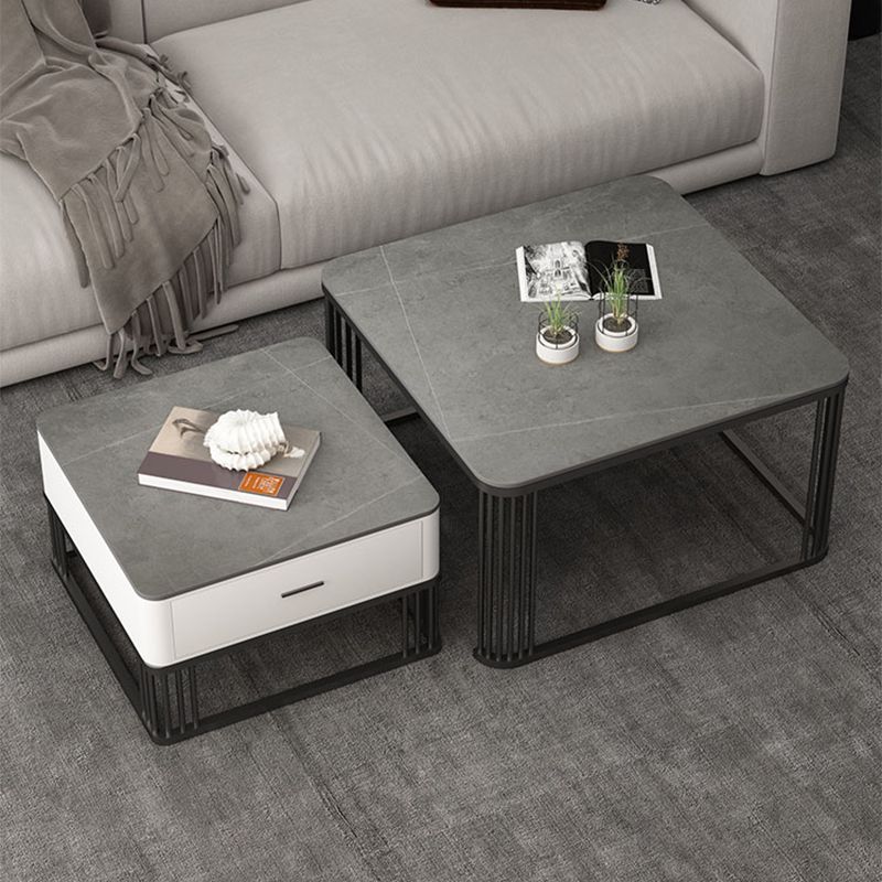 Square Black Stone Coffee Table Frame 2 Nestling Cocktail Table with Storage