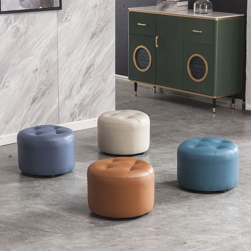 Modern Pouf Ottoman Faux Leather Upholstered Tufted Solid Color Cylinder Shape Ottoman