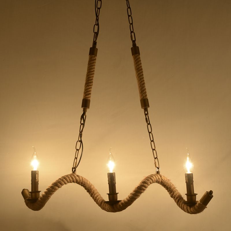 3 Heads Island Pendant Light Vintage Candlestick Iron Ceiling Light with Hemp Rope in Flaxen