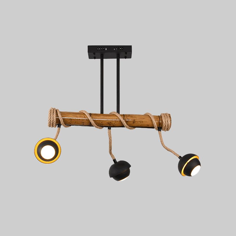 Industrial Linear Island Chandelier 2/3/6 Bulbs Iron Pendant Lamp in Black with Bamboo Tube and Rope, Warm/White Light