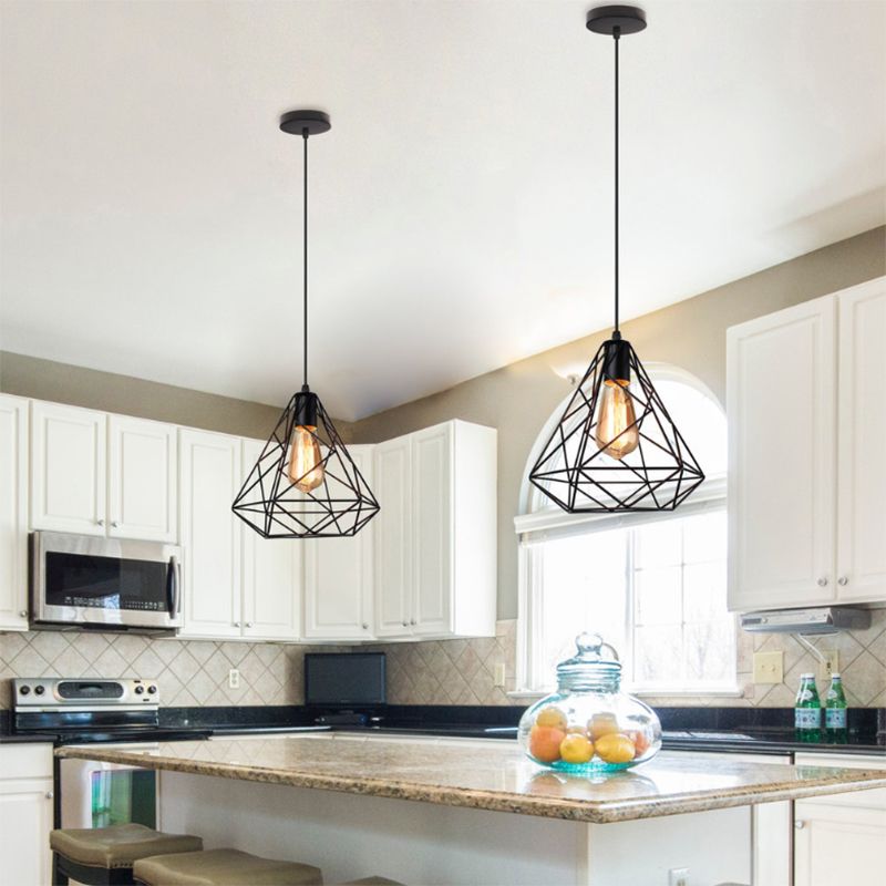 Diamond Shade Hanging Lighting Farmhouse Style Metal 1 Light Kitchen Ceiling Fixture with Wire Frame in Black