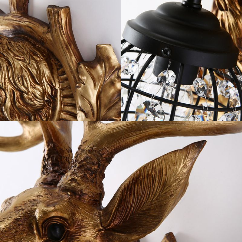 Iron Wire Cage Sconce Countryside 1 Light Living Room Wall Lighting in Black with Resin Deer Head Backplate