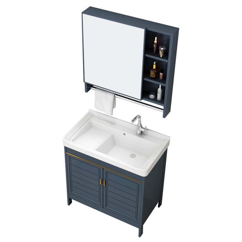 Blue Bath Vanity Single Sink Freestanding Metal Frame Mirror Vanity with Soft Close Doors