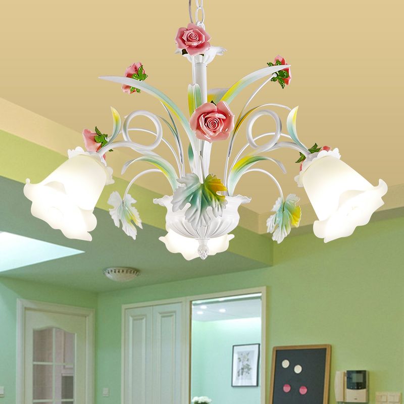 White Glass Rose Chandelier Light Countryside 3 Bulbs Living Room Pendant Lighting Fixture