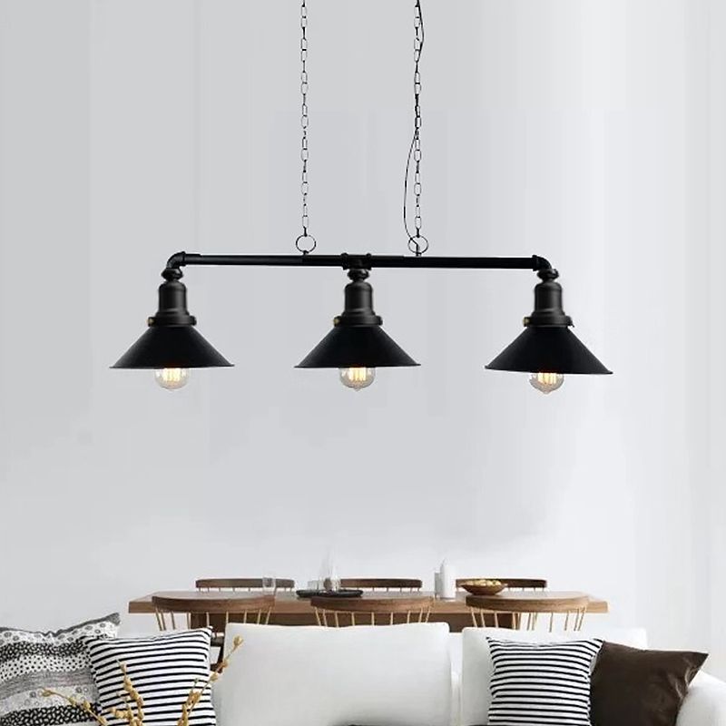 3 Lights Conical Island Light Fixture Vintage Black Finish Metal Pendant Lighting for Dining Room