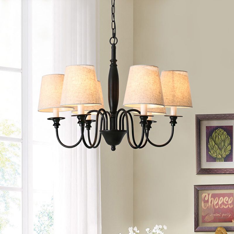 Zwart 6 koppen kroonluchter verlichting landstof stof taps toelopend hangende hanglamp met dompelende arm