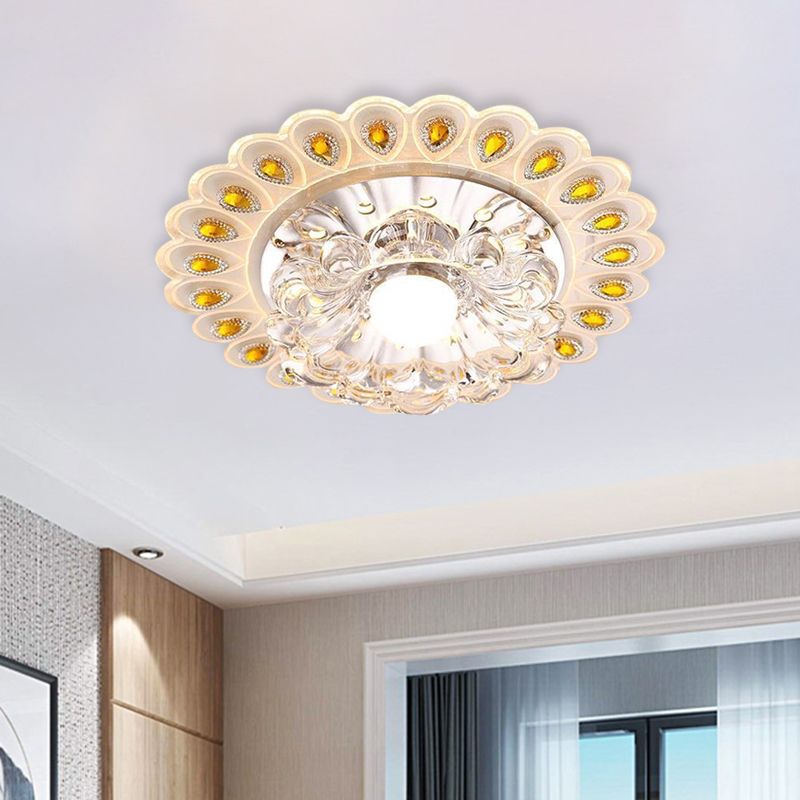 LED Close to Ceiling Lighting Romantic Modern Floral Small Clear Crystal Flush Mount with Peacock Feather Element