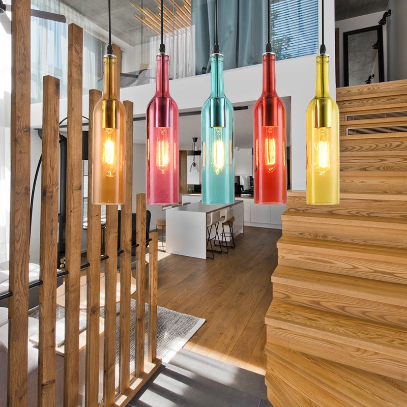 5 Heads Linear Pendant Light Fixture Vintage Style Black Finish Glass Suspension Light with Bottle Shade