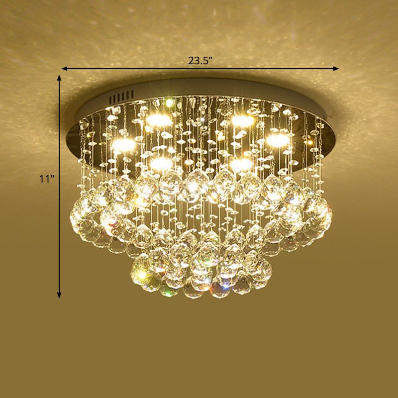 Minimalist LED Flush Lamp Nickel Circle Ceiling Mounted Light with Crystal Drip Shade, 19.5"/23.5" Wide