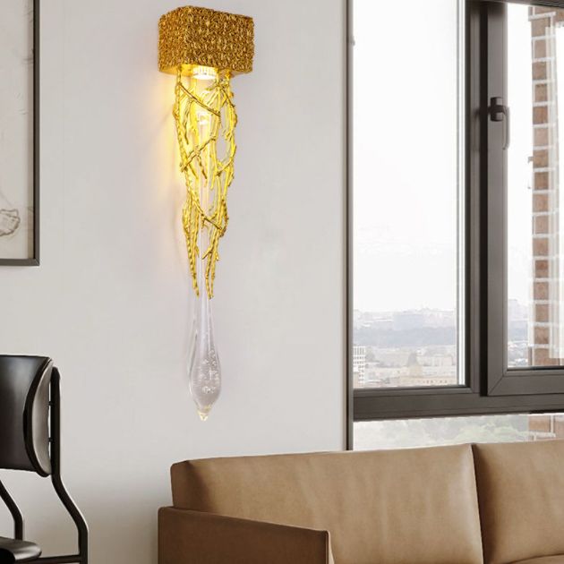 Crystal Droplet Wall Lamp Postmodern 1 Bulb Gold Plated Sconce Lighting for Stairs