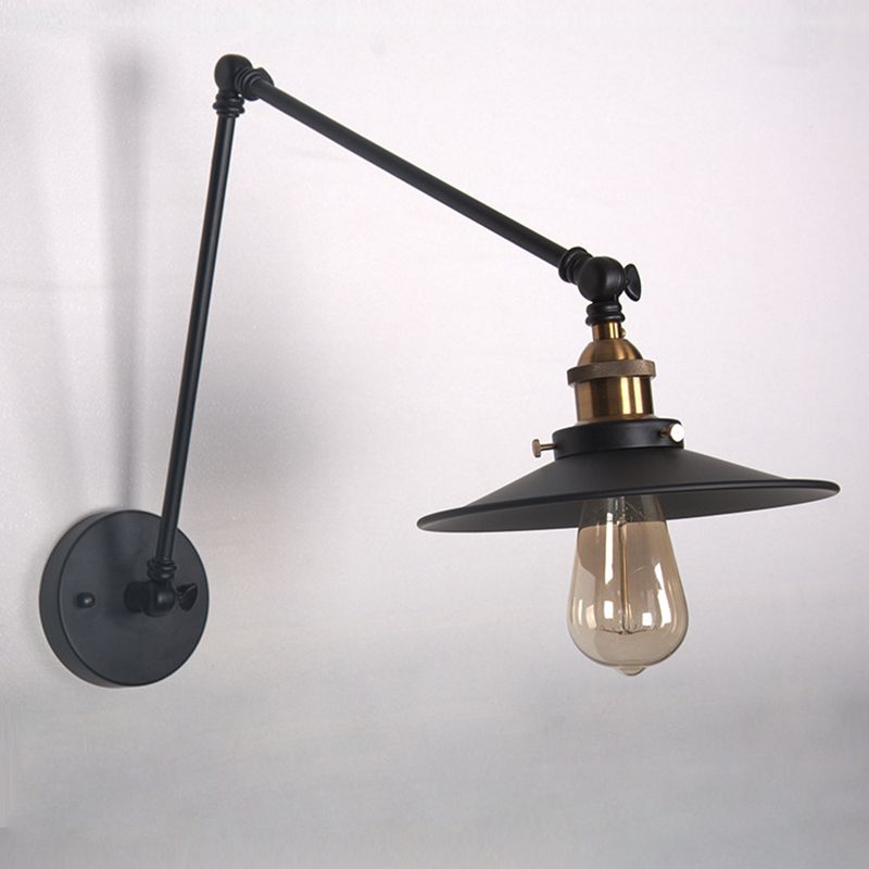 2-Sections Swing Arm Industry Style Wall Lamp Black Metal Cone Shade 1-Light Retro Sconce Lights