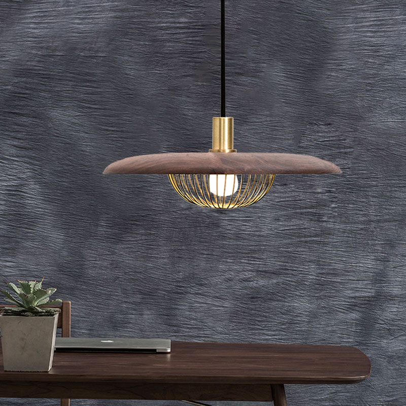Iron Wire Domed Pendant Light with Wooden Shade Cloth Shop 1 Light Modern Suspension Light
