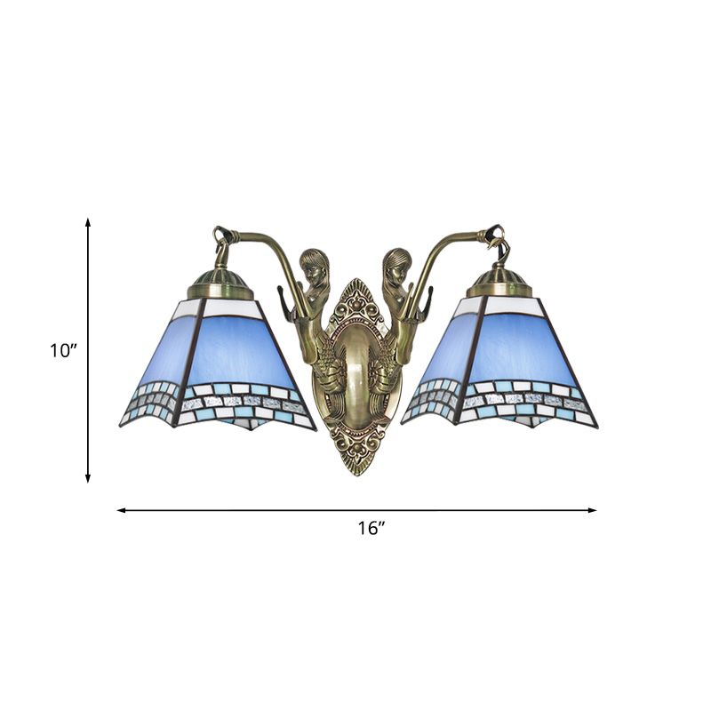 Blue 2-Light Wall Mount Light Mission Style Hand Cut Glass Swallowtail Wall Lighting with Mermaid Arm for Bedroom