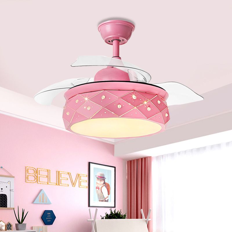 3 cuchillas Lámpara de iluminación de ventilador colgante de tambor metálico 42 "W LED Semi Flush Lámpara en rosa/azul con tono acrílico, control remoto/pared y control remoto