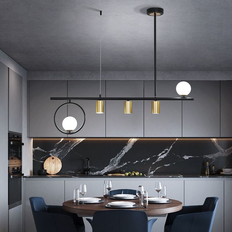 5 / 6 Light Ceiling Pendant in Black / Gold Finish Metal and Glass Kitchen Island Fixture