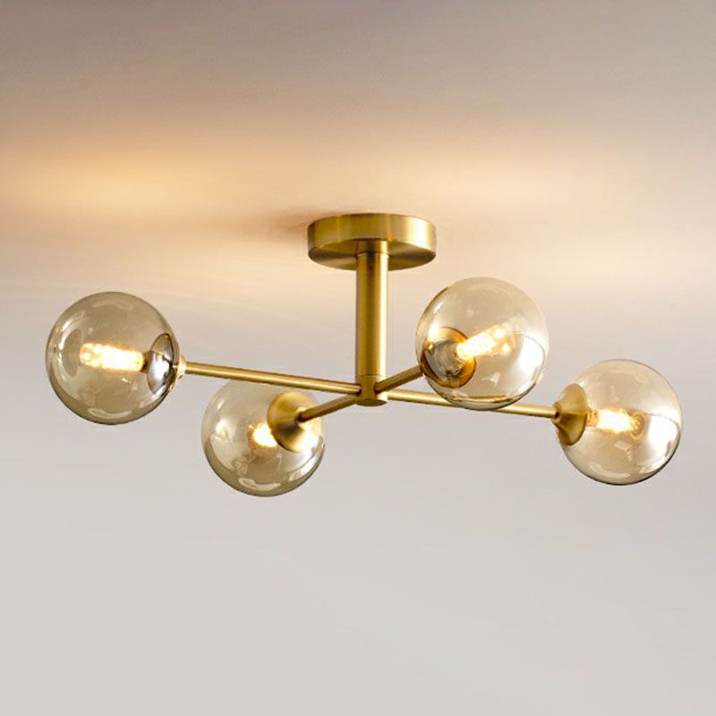 Spherical Dining Room Ceiling Fixture Amber Glass Postmodern Semi Flush Mount Lighting in Gold