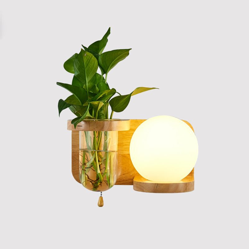 Contemporary Wooden Wall Sconce Simple Wall Light with Glass Shade without Plants