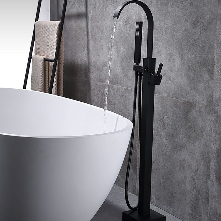Contemporary Brass Freestanding Tub Filler with Hose Floor Mounted Bathroom Faucet