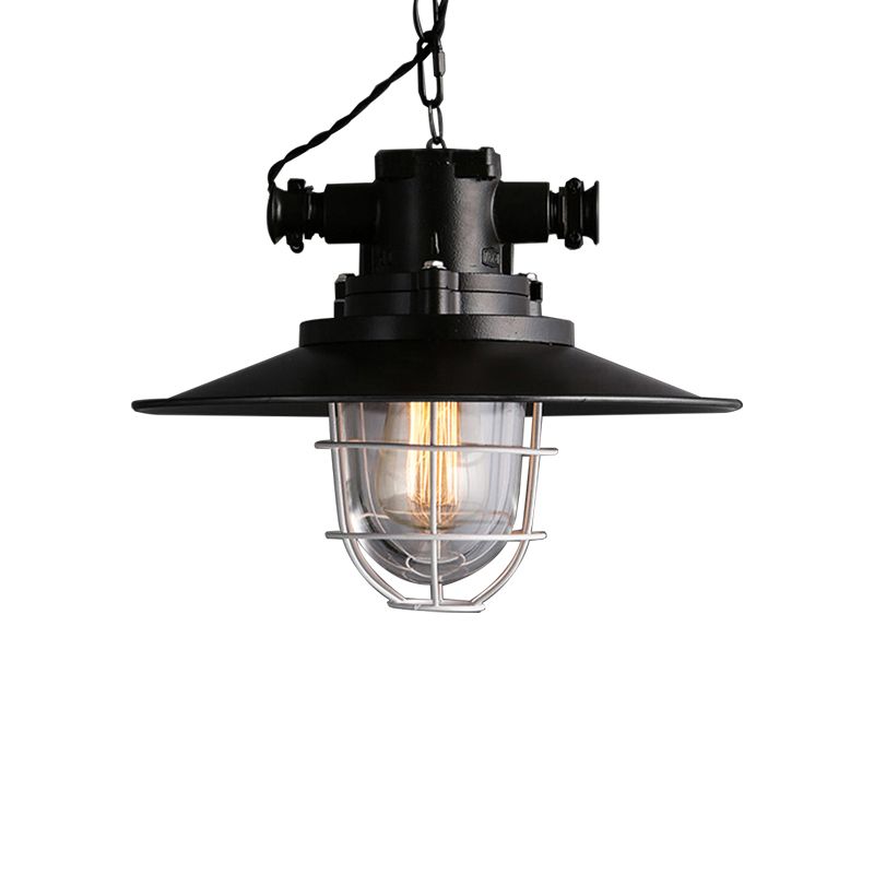Wire Cage Restaurant Hanging Lamp with Saucer Shade Nautical Metal 1 Bulb Black Ceiling Pendant