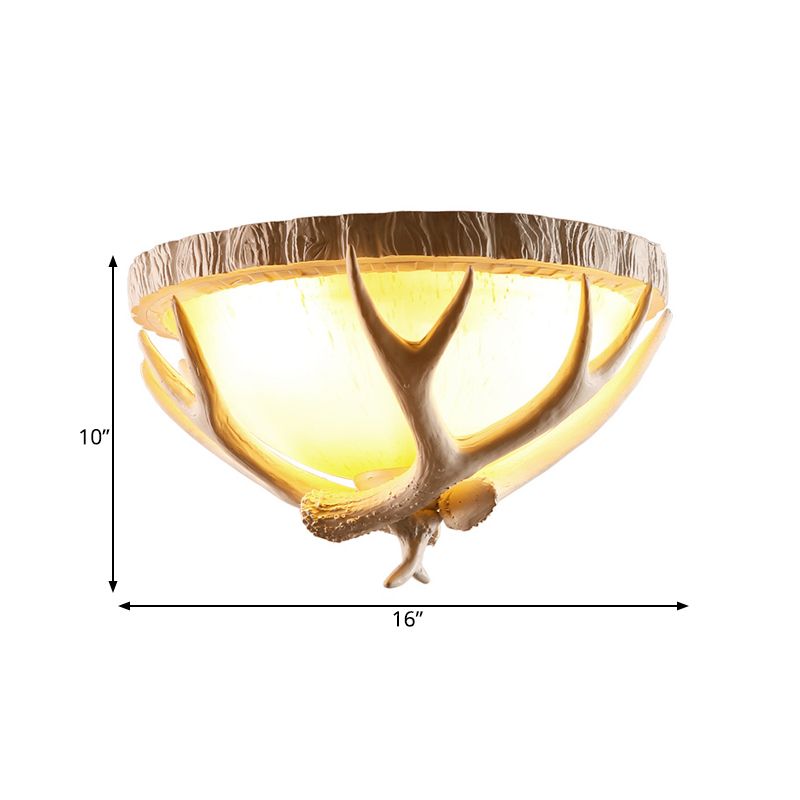 Dome Shaped Living Room Flush Mount Traditional Resin 3 Lights Brown Ceiling Light Fixture with Antler Deco