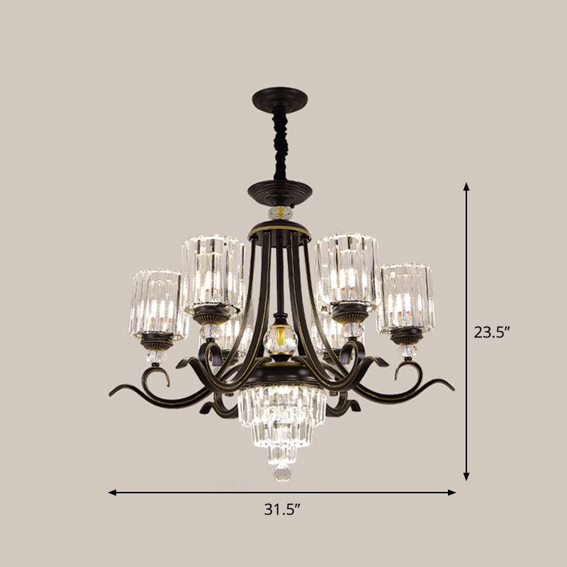 Kristallblockzylinder Kronleuchter minimalistisch 6/8-Bulb-Deckenleuchte mit kurviger Arm in Schwarz