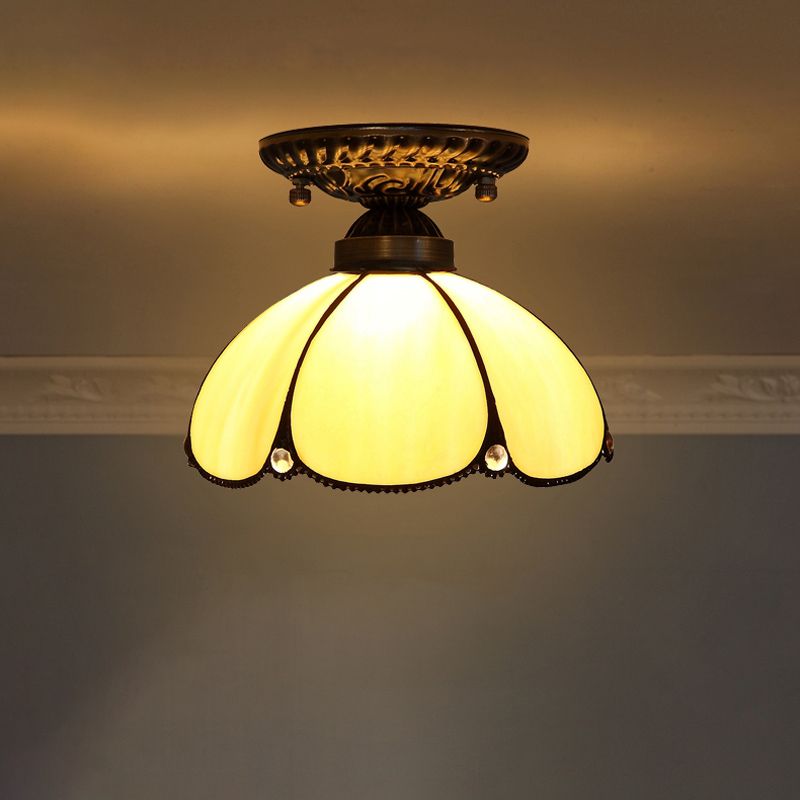 Decorative Dome Shade Semi Flush Mount 1-Light Stained Glass Ceiling Mounted Light