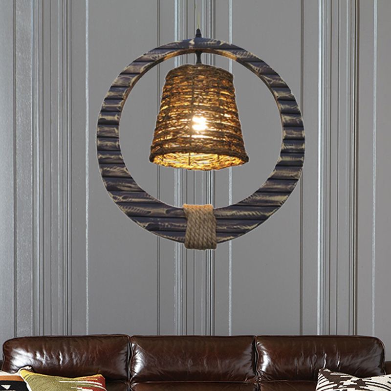 Rattan konisch hängende helle moderne Stil 1 Kopfbraune Anhängerlampe mit hölzernen vertikalen Ring