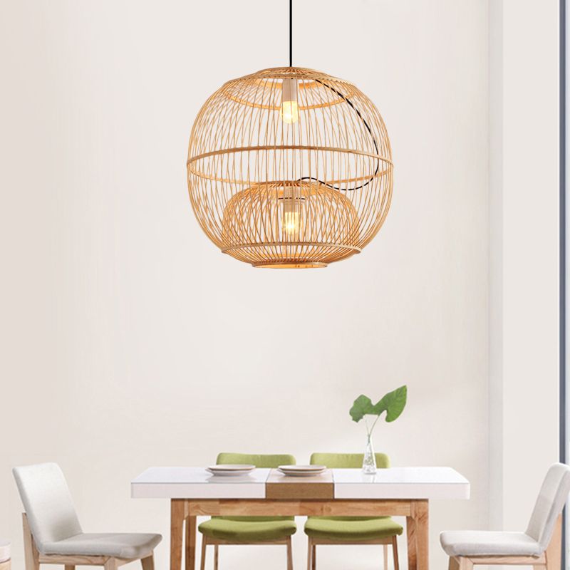 Bamboo Global Shade Pendant Lighting Contemporary Style 2 Lights Beige Hanging Lamp for Restaurant, 14"/16" W